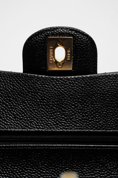Chanel 經典款荔枝皮CF 23cm 黑色金鍊