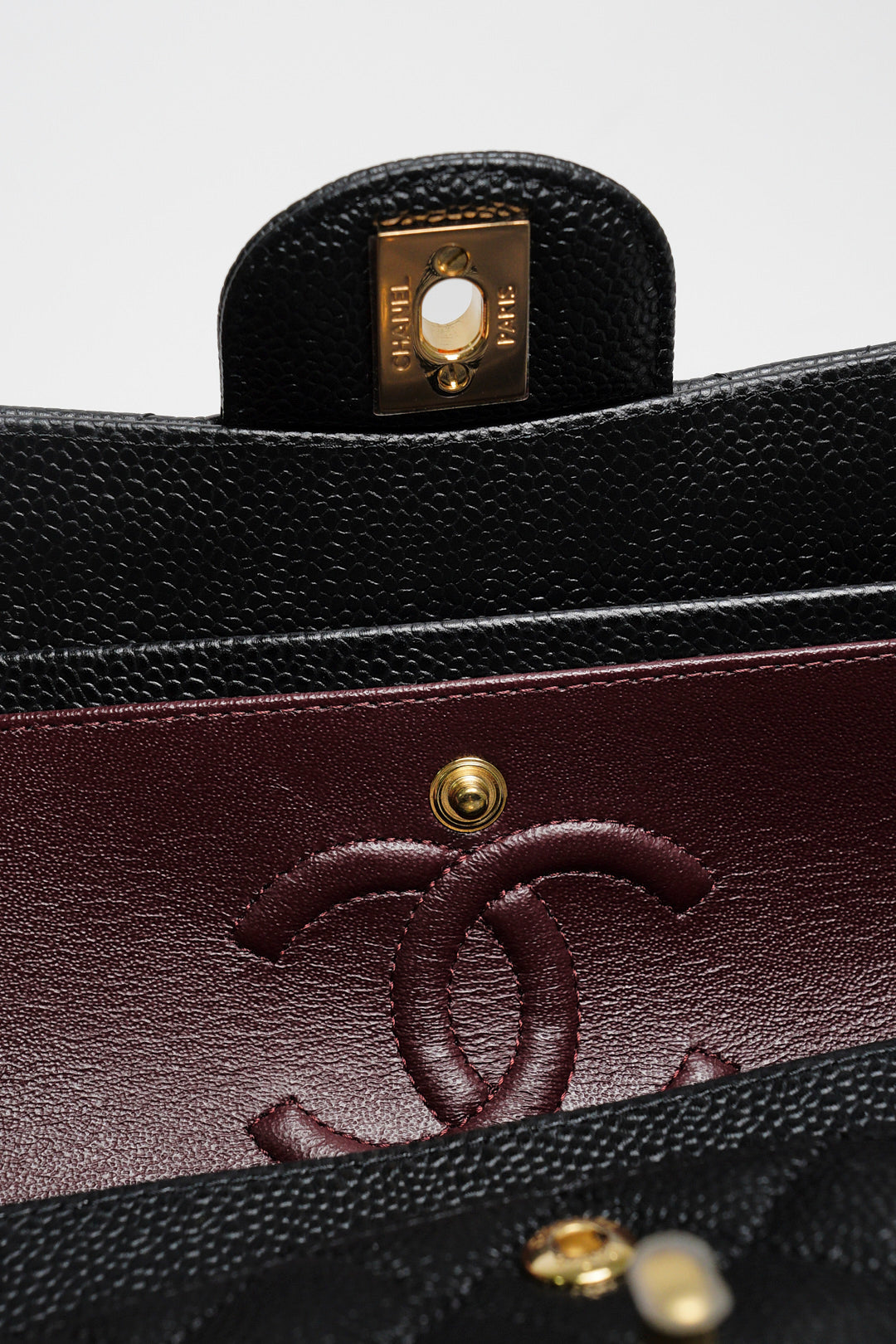 Chanel 經典款荔枝皮CF 23cm 黑色金鍊