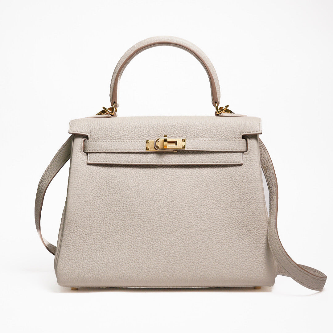 HERMÈS 愛馬仕 Kelly 25 外縫 10 奶昔白 Craie Epsom牛皮 金扣 W刻