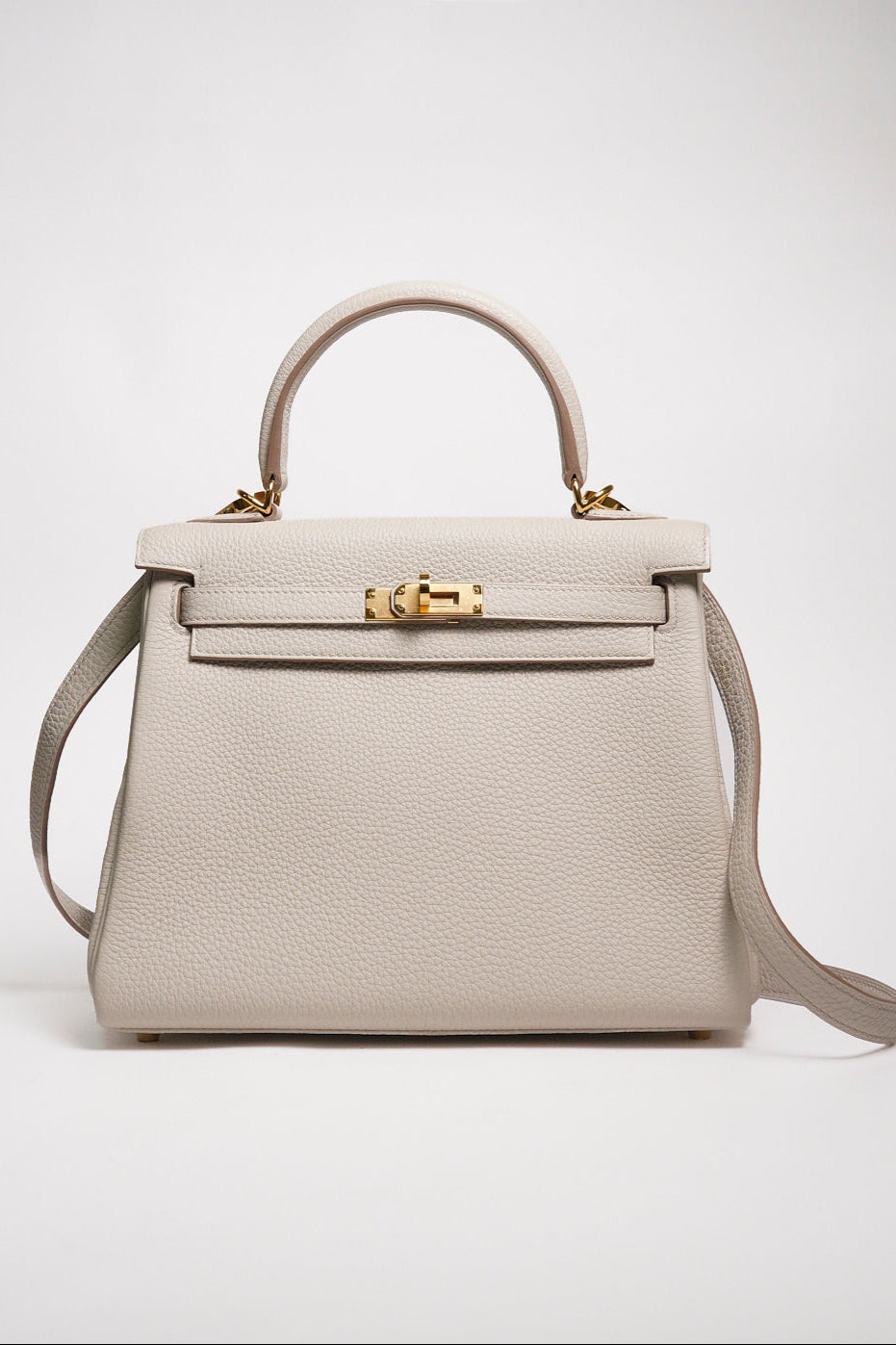 HERMÈS 愛馬仕 Kelly 25 外縫 10 奶昔白 Craie Epsom牛皮 金扣 W刻