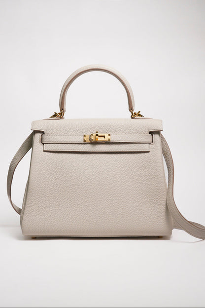 HERMÈS 愛馬仕 Kelly 25 外縫 10 奶昔白 Craie Epsom牛皮 金扣 W刻