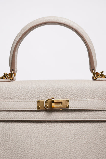 HERMÈS 愛馬仕 Kelly 25 外縫 10 奶昔白 Craie Epsom牛皮 金扣 W刻