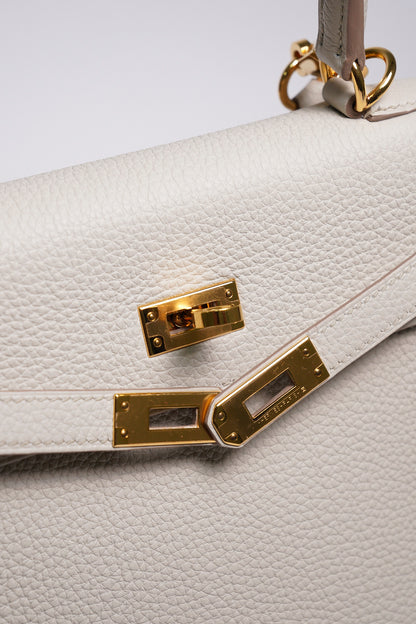 HERMÈS 愛馬仕 Kelly 25 外縫 10 奶昔白 Craie Epsom牛皮 金扣 W刻