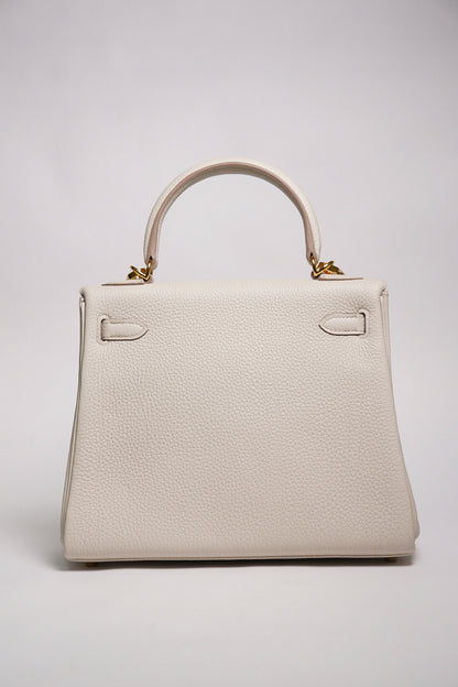 HERMÈS 愛馬仕 Kelly 25 外縫 10 奶昔白 Craie Epsom牛皮 金扣 W刻