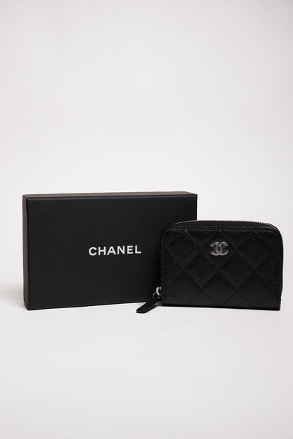 CHANEL 經典款 拉鍊零錢包/卡包(黑色 x 荔枝紋牛皮 x 銀釦)
