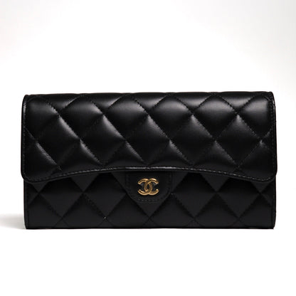 CHANEL 經典雙C金扣 菱格小羊皮長夾-黑色