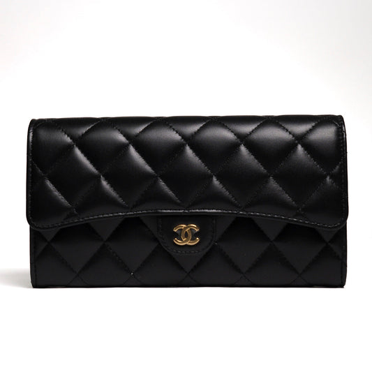 CHANEL 經典雙C金扣 菱格小羊皮長夾-黑色