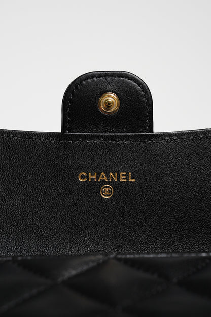 CHANEL 經典雙C金扣 菱格小羊皮長夾-黑色