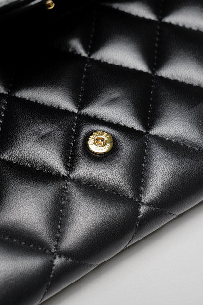 CHANEL 經典雙C金扣 菱格小羊皮長夾-黑色
