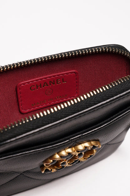 CHANEL 19 雙C 方形拉鍊卡片零錢包 (黑色 x 復古金釦)