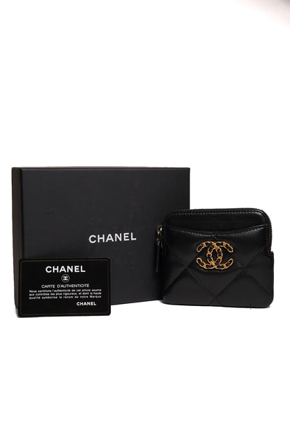 CHANEL 19 雙C 方形拉鍊卡片零錢包 (黑色 x 復古金釦)