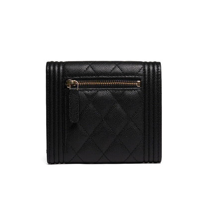 CHANEL Boy 金釦粒紋小牛皮三折短夾(黑色)