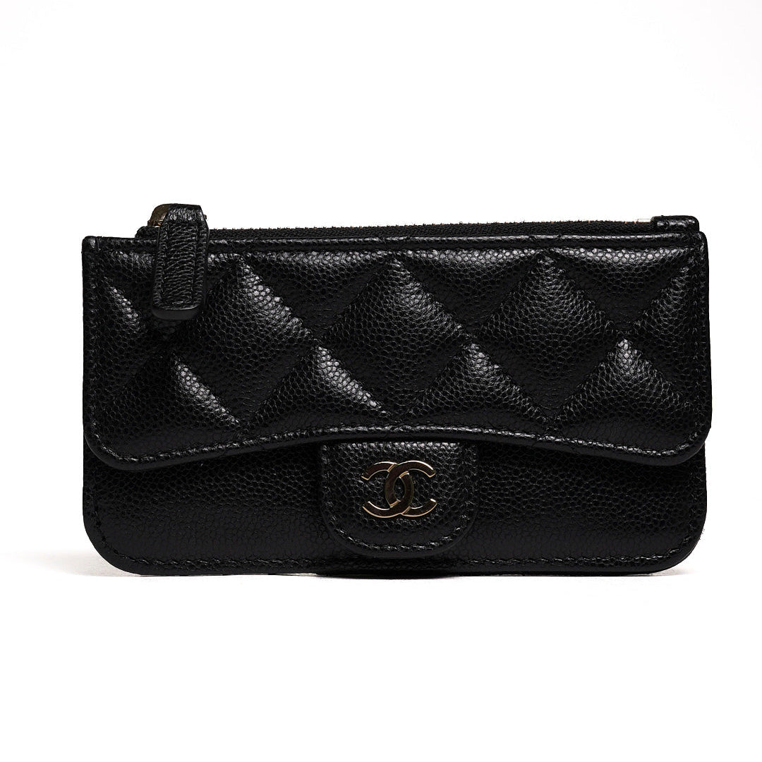 CHANEL 香奈兒 經典雙C LOGO菱格紋小牛皮卡片包(黑色)