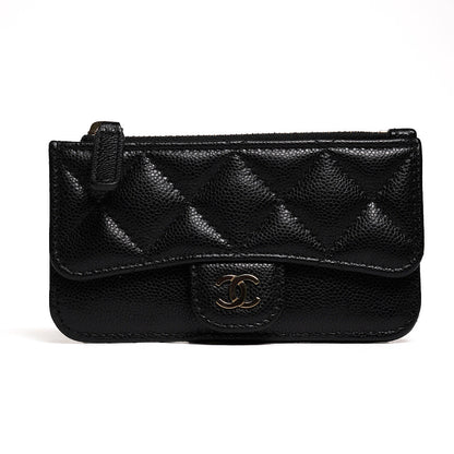 CHANEL 香奈兒 經典雙C LOGO菱格紋小牛皮卡片包(黑色)