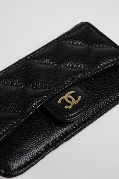 CHANEL 香奈兒 經典雙C LOGO菱格紋小牛皮卡片包(黑色)