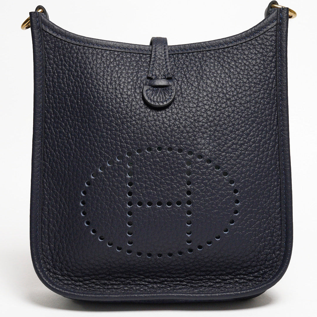 HERMES 愛馬仕Evelyne 16cm T/C H LOGO迷你牛皮布款背帶斜/肩背包（深藍色）