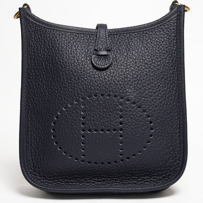 HERMES 愛馬仕Evelyne 16cm T/C H LOGO迷你牛皮布款背帶斜/肩背包（深藍色）
