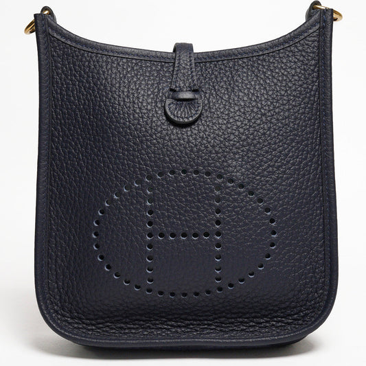 HERMES 愛馬仕Evelyne 16cm T/C H LOGO迷你牛皮布款背帶斜/肩背包（深藍色）