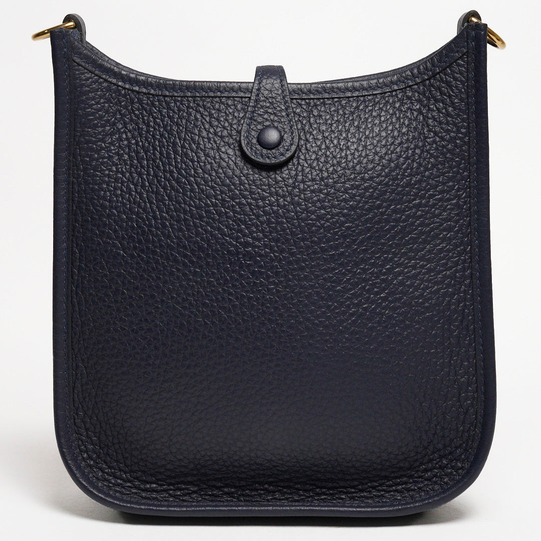 HERMES 愛馬仕Evelyne 16cm T/C H LOGO迷你牛皮布款背帶斜/肩背包（深藍色）