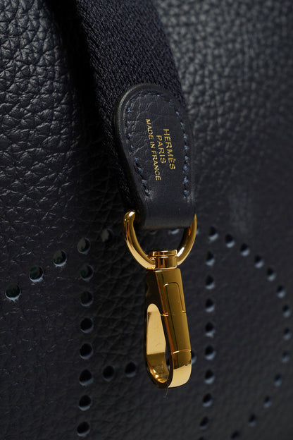 HERMES 愛馬仕Evelyne 16cm T/C H LOGO迷你牛皮布款背帶斜/肩背包（深藍色）