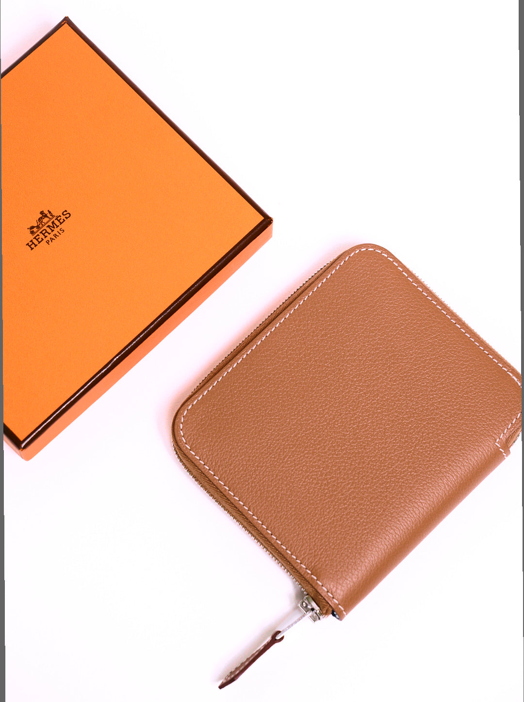 HERMES 牛皮拉鍊絲巾短夾 (褐色)(棕色)