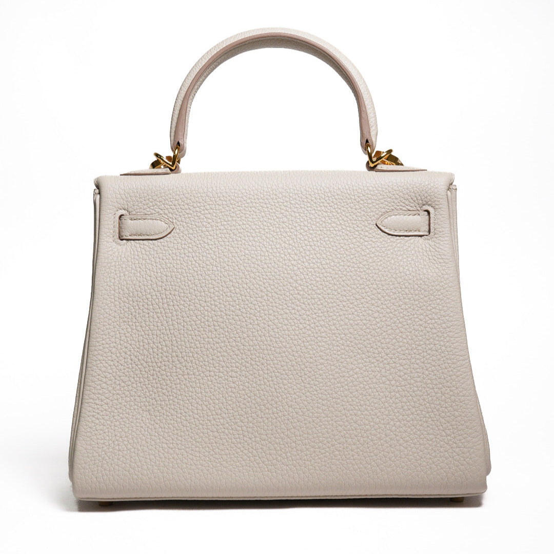 HERMÈS 愛馬仕 Kelly 25 外縫 10 奶昔白 Craie Epsom牛皮 金扣 W刻