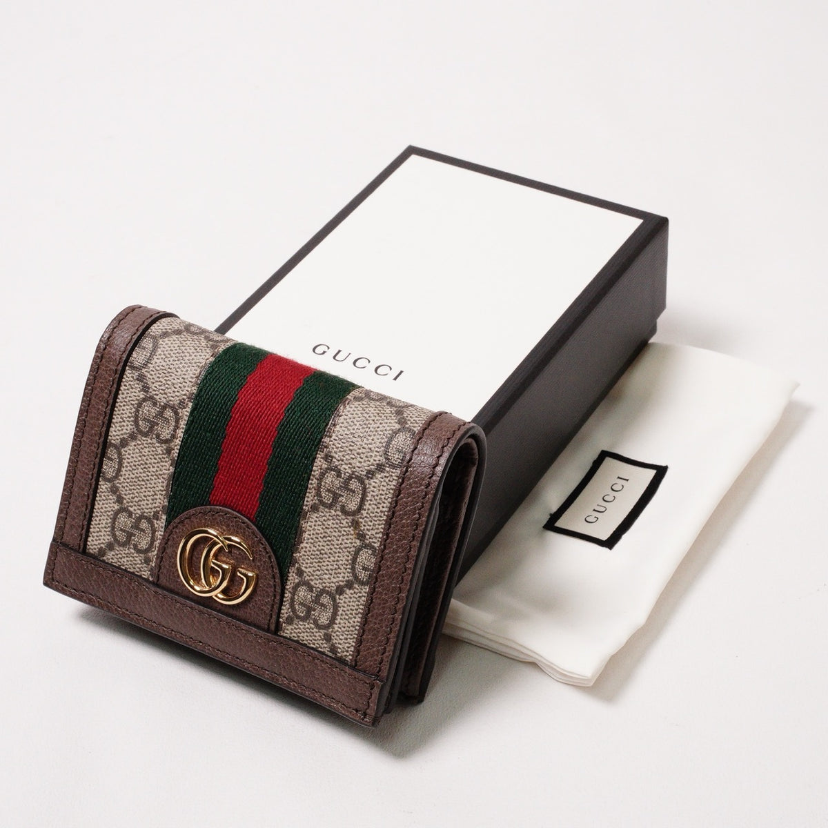 Gucci  Ophidia 紅綠織帶三折短夾 棕色