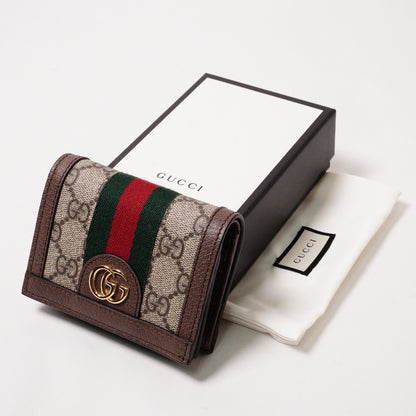 Gucci  Ophidia 紅綠織帶三折短夾 棕色