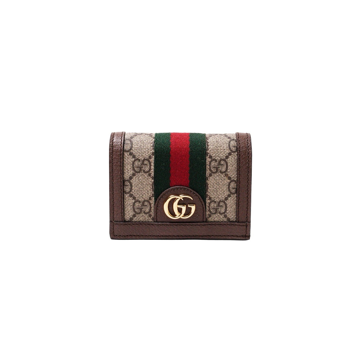 Gucci  Ophidia 紅綠織帶三折短夾 棕色