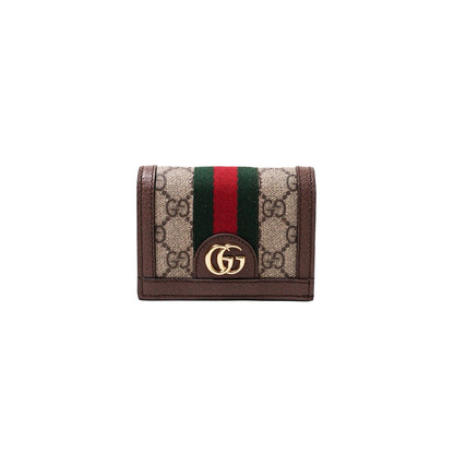 Gucci  Ophidia 紅綠織帶三折短夾 棕色