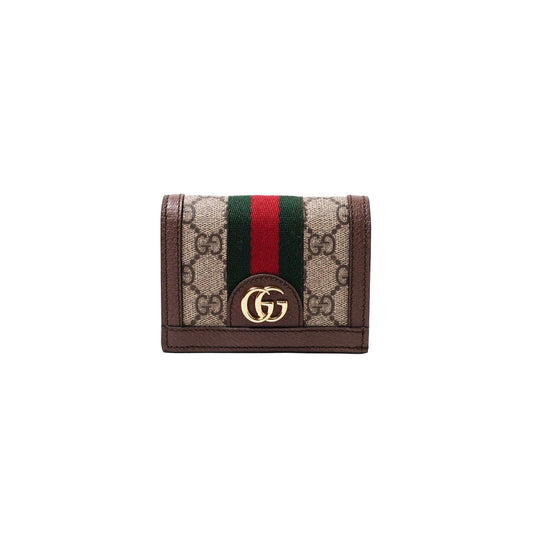 Gucci  Ophidia 紅綠織帶三折短夾 棕色
