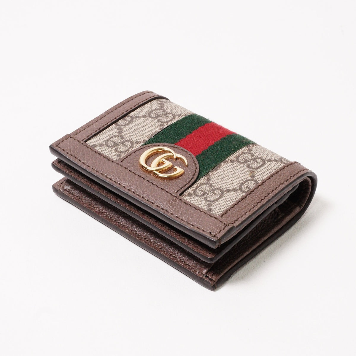 Gucci  Ophidia 紅綠織帶三折短夾 棕色