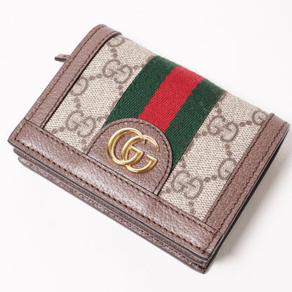 Gucci  Ophidia 紅綠織帶三折短夾 棕色