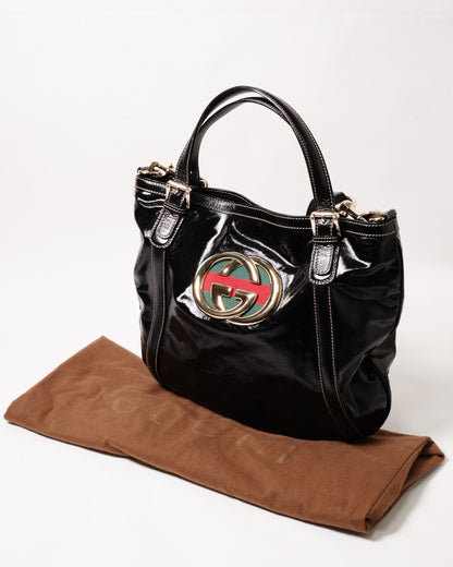 Gucci Britt Dialux 黑色漆皮雙G大Logo肩背包