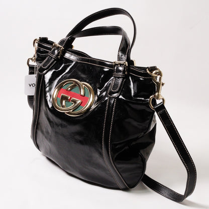 Gucci Britt Dialux 黑色漆皮雙G大Logo肩背包
