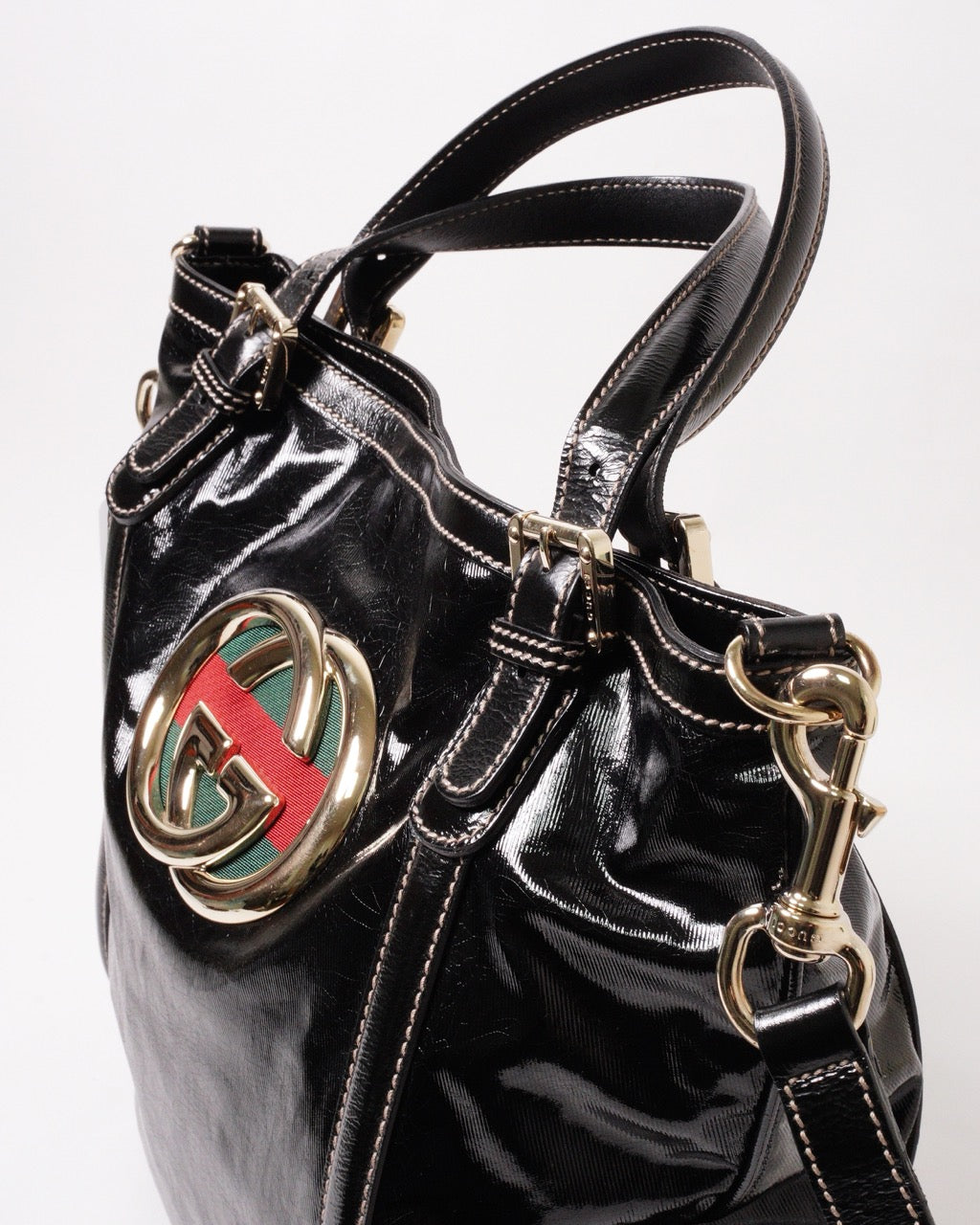 Gucci Britt Dialux 黑色漆皮雙G大Logo肩背包