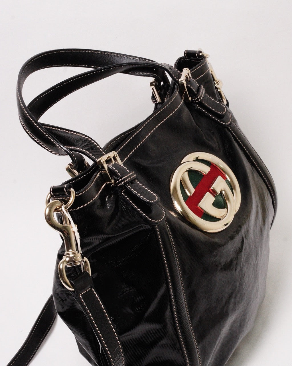 Gucci Britt Dialux 黑色漆皮雙G大Logo肩背包