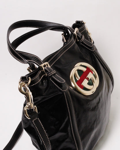 Gucci Britt Dialux 黑色漆皮雙G大Logo肩背包