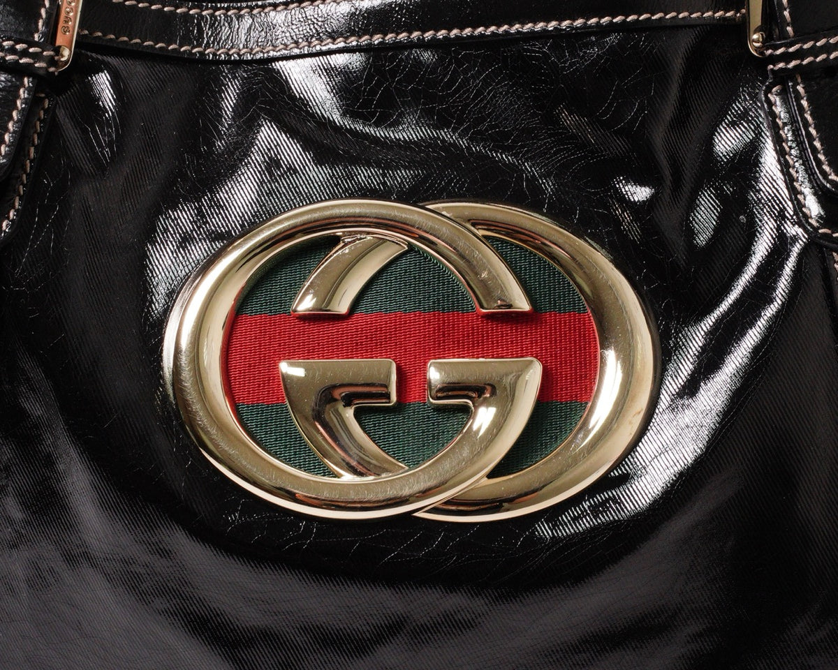 Gucci Britt Dialux 黑色漆皮雙G大Logo肩背包