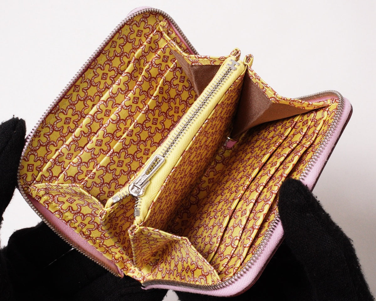Hermès Silk In Compact Epsom小牛皮絲巾零錢包 葵花粉-Z刻