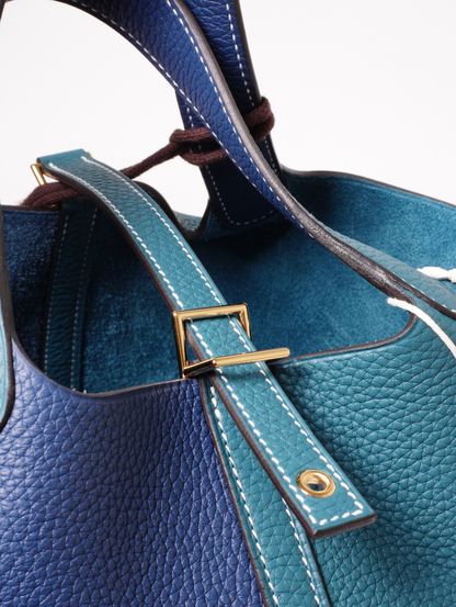 Hermès Picotin Lock 18 牛皮水桶包 深邃藍拼普魯士綠-D刻