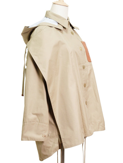 Loewe Hooded Parka 拼貼皮革胸袋軍裝連帽短風衣 焦糖棕色