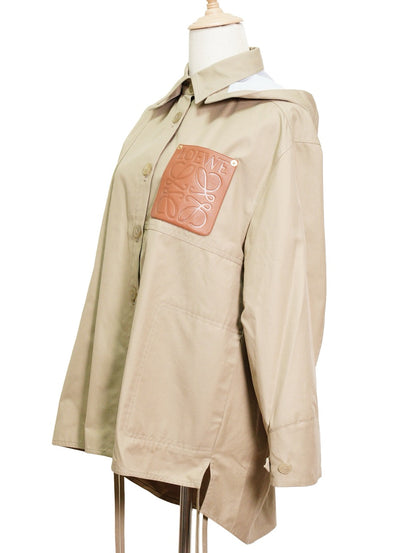 Loewe Hooded Parka 拼貼皮革胸袋軍裝連帽短風衣 焦糖棕色