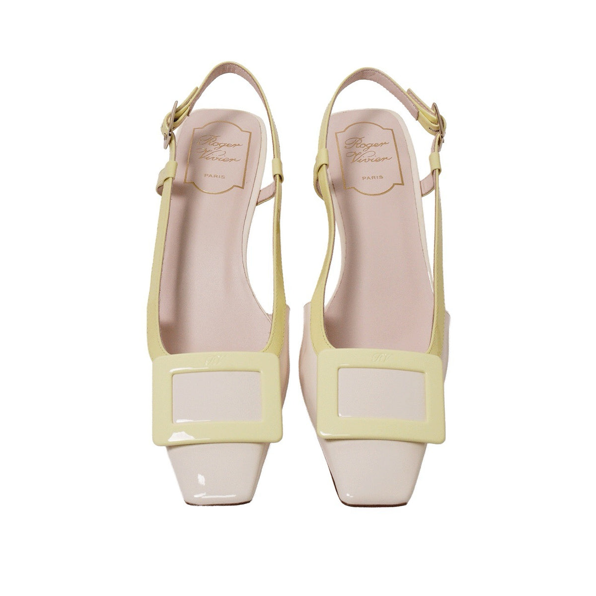 Roger Vivier 漆皮方框吊帶低跟涼鞋 奶油粉