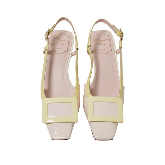 Roger Vivier 漆皮方框吊帶低跟涼鞋 奶油粉