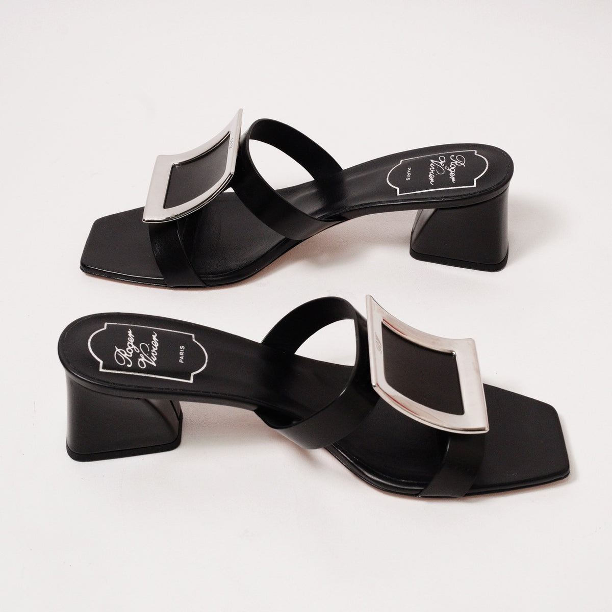 Roger Vivier 經典方框牛皮粗跟涼鞋 黑色