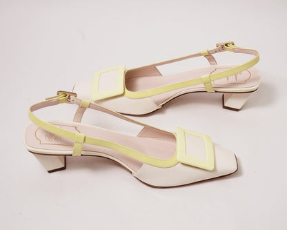 Roger Vivier 漆皮方框吊帶低跟涼鞋 奶油粉