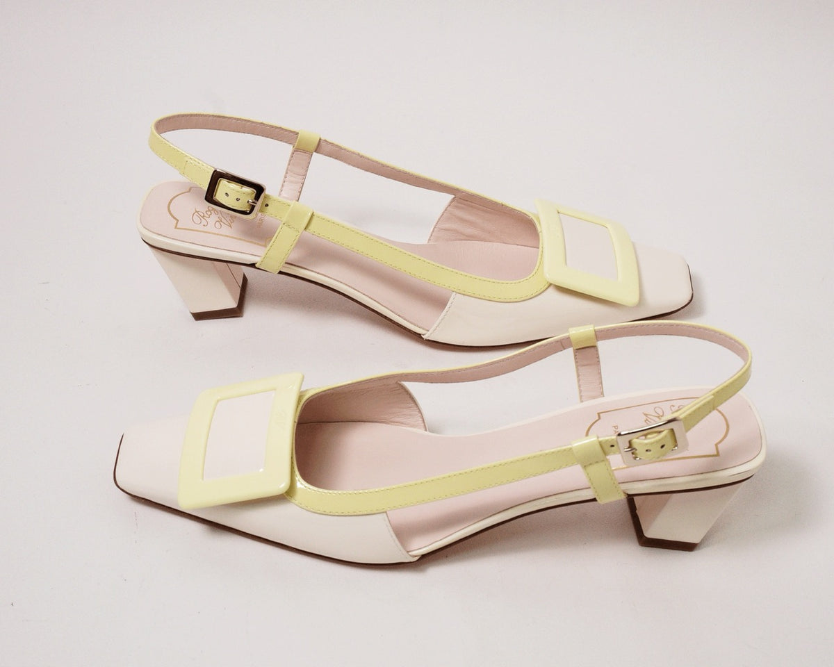Roger Vivier 漆皮方框吊帶低跟涼鞋 奶油粉