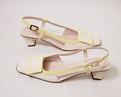 Roger Vivier 漆皮方框吊帶低跟涼鞋 奶油粉