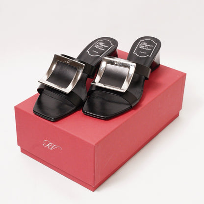 Roger Vivier 經典方框牛皮粗跟涼鞋 黑色